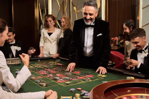 LINEBED Login — Instantly access your secure account A confident dealer surrounded by casino chips inviting players to access their LINEBED account, reflecting quick and easy login options.